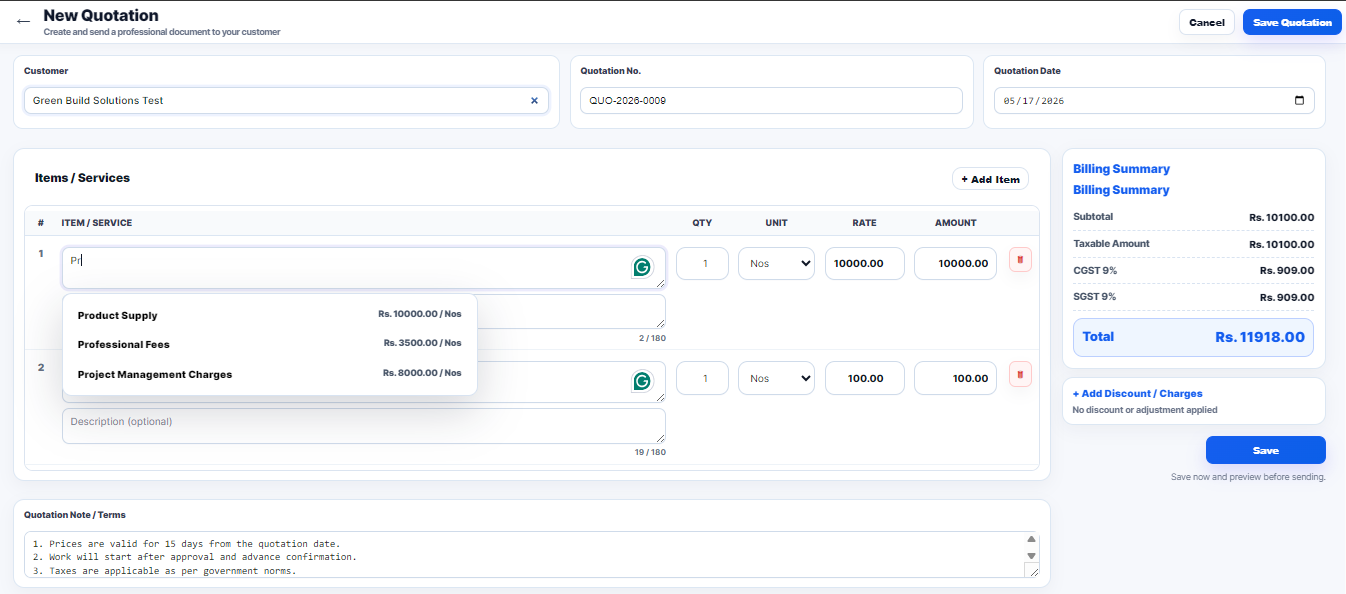Goalync MyBilling create quotation screen
